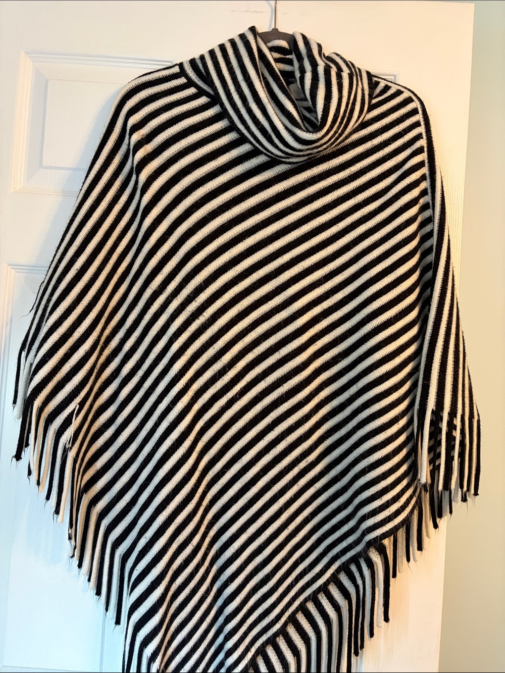 Chico's Black & White Striped Turtleneck Fringe Poncho